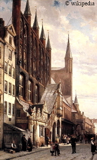 Das L�becker Rathaus um 1885 von Cornelis Springer (1817�1891)  -   F�r eine gr��ere Darstellung auf das Bild klicken.
